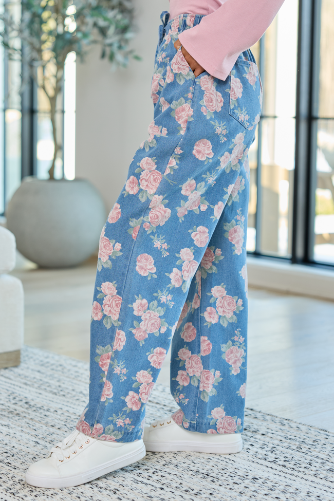 Maeve Rose Print Barrel Pull-On Jeans