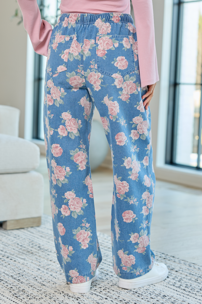Maeve Rose Print Barrel Pull-On Jeans